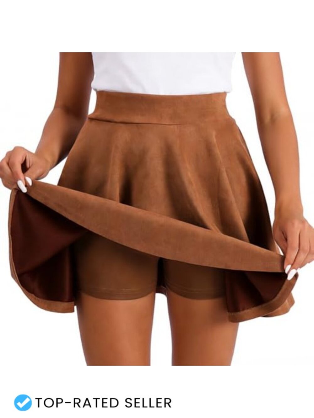 Suede Mini Skirt A-Line Pleated Skater with Built-in Shorts